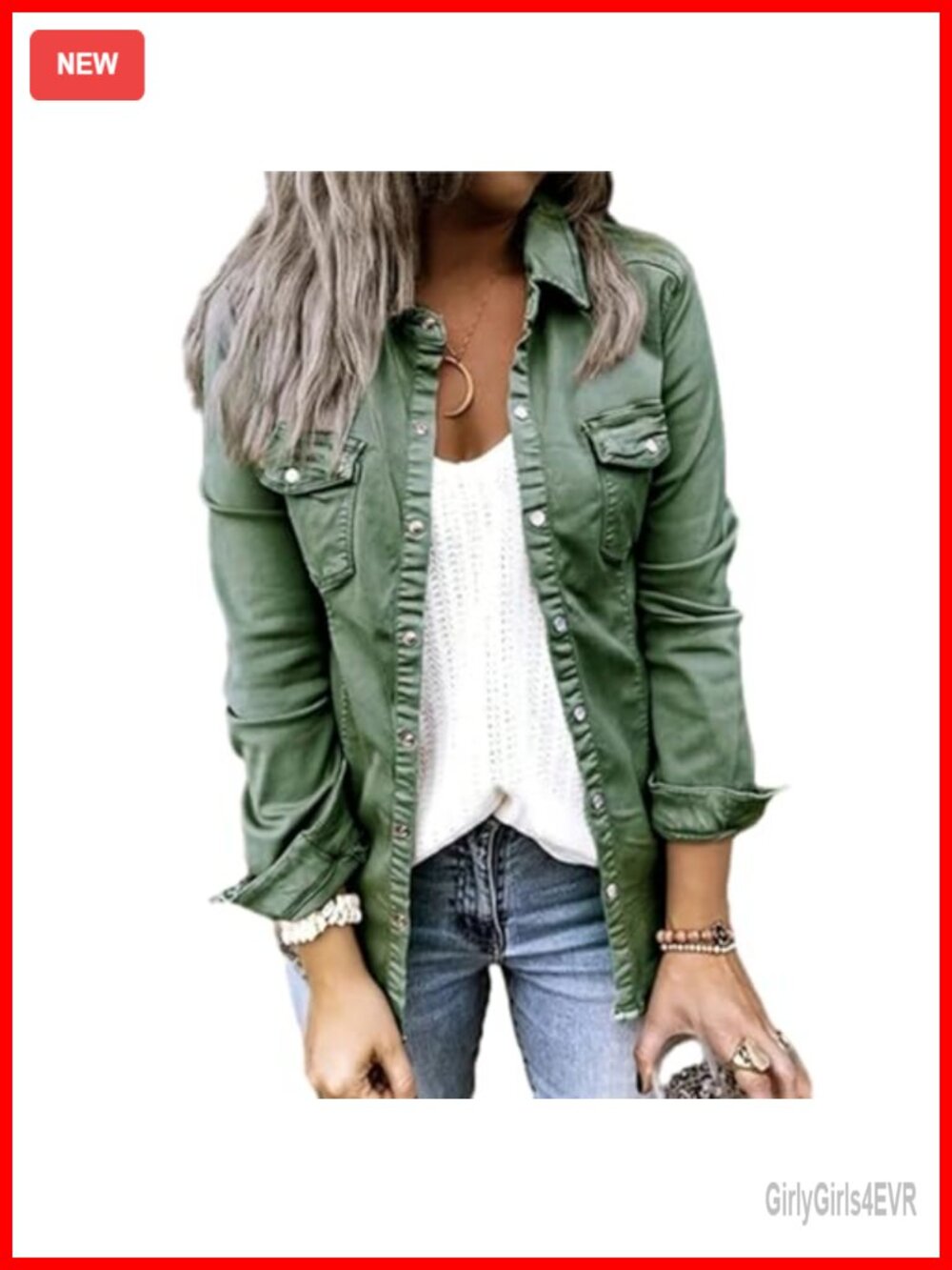 Womens Oversized Denim Shacket Button Down Ruffle V-Neck Jean Shirt